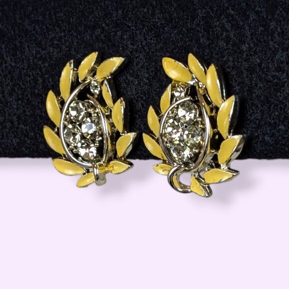 V. Lisner Yellow Enamel Rhinestone Earrings - Picture 3 of 6